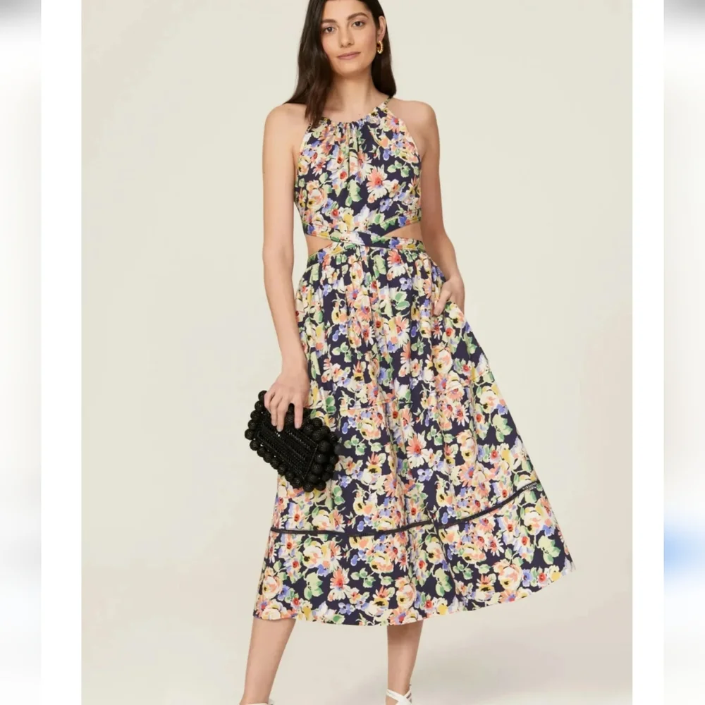 Something Navy Floral Midi Dress Cut Out XS - Picture 2 of 7